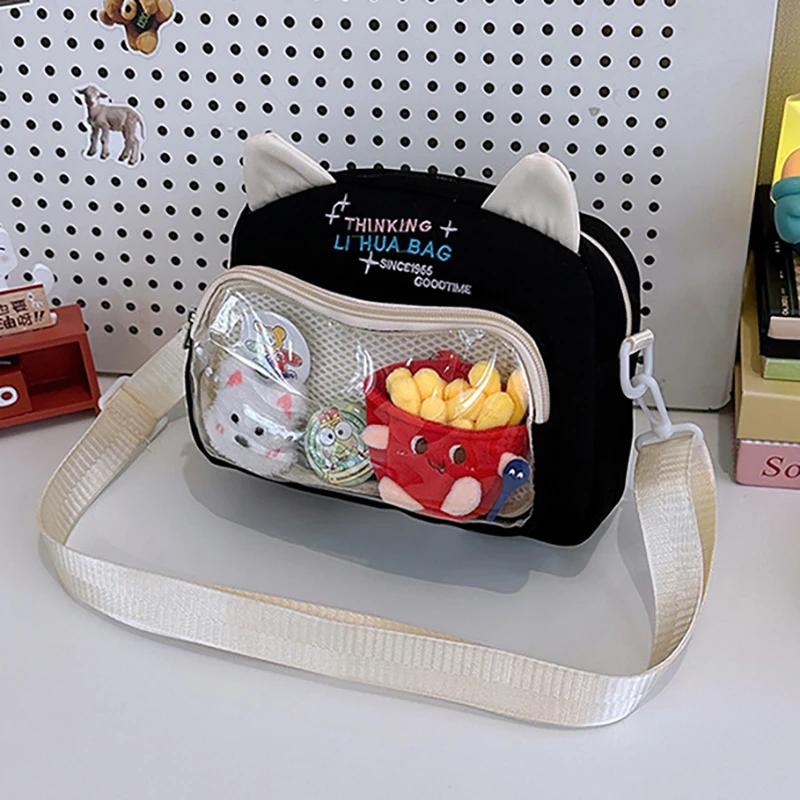 

Richme Kawaii Cat Women Ita Bags 2025 Casual Nylon Crossbody Shoulder Bag Dopamine Letter Embroidered Clear Window Bolso Mujer