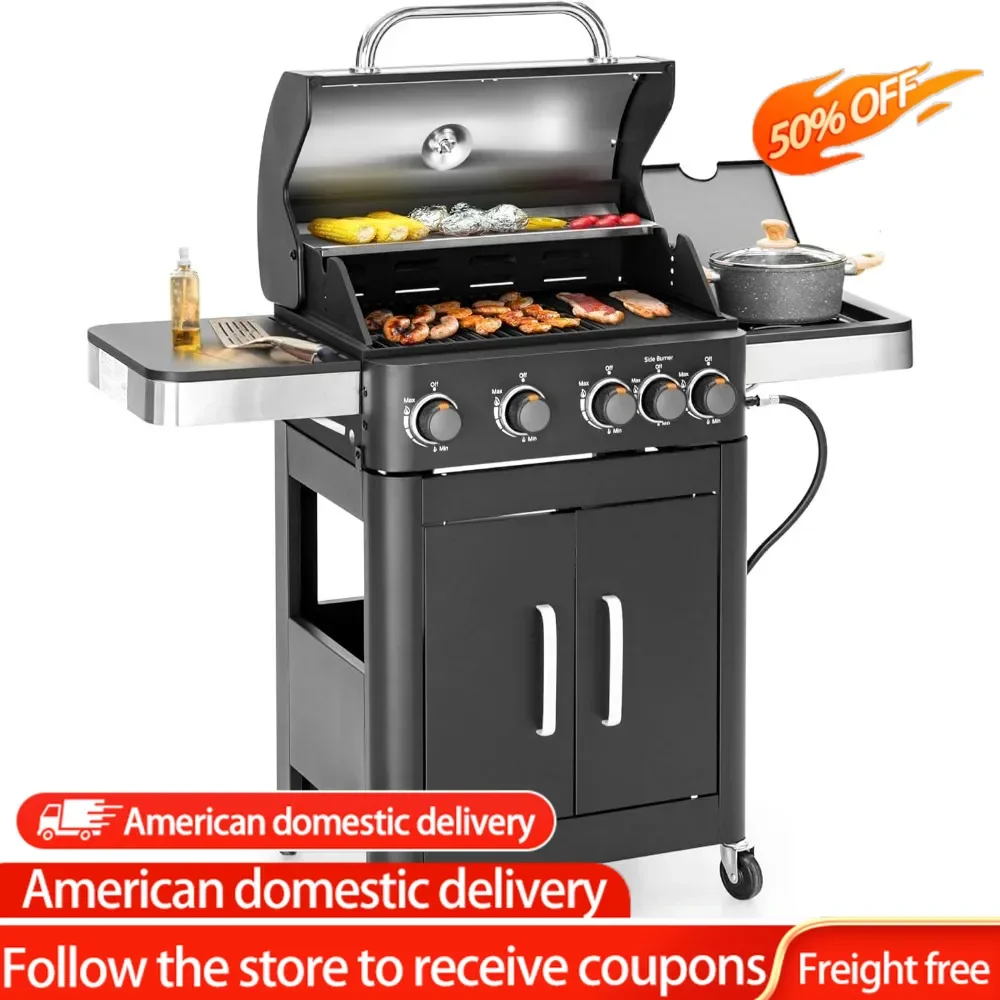 4 Burners Propane Gas Grill with Griddle Plate,2 in 1 Griddle Grill with Side Burner Cast Iron Grates,Outdoor Cooking Barbecue