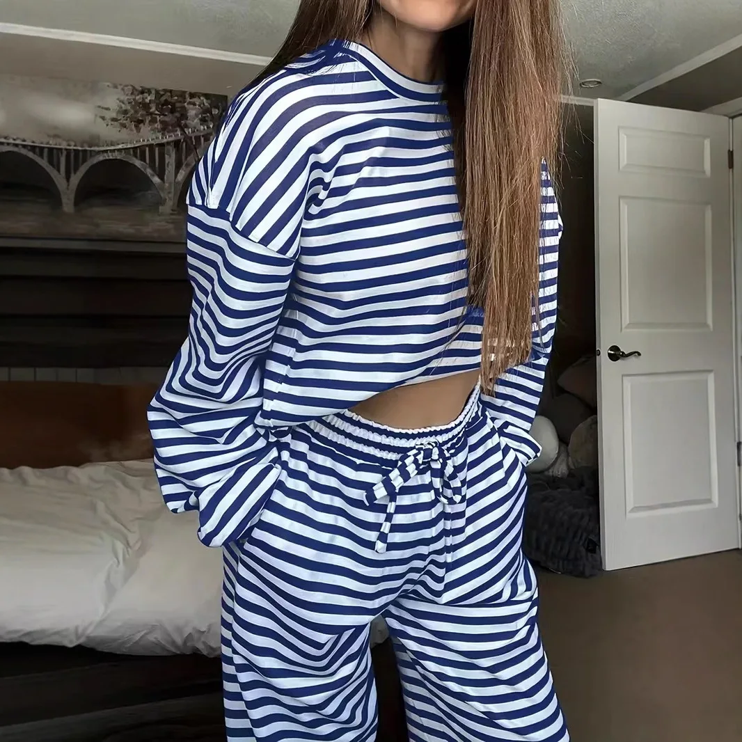 

Comfortable Casual Striped Long Sleeve Loose Pants Women's Home Clothes Set 2026 Fashionable Simple Style Polyester Fabric