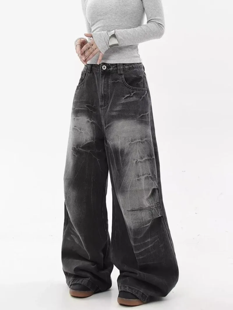 American High Street Vibe Washed Make Old Gradient Lightning Jeans Women Y2K Gothic Vintage Baggy High Waist Wide-leg Pants