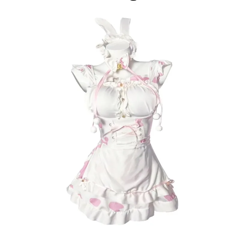 Disfraz de Cosplay de sirvienta de Anime Lolita, lencería Sexy, juego de rol de vaca Bunnygirl, vestido de fiesta Kawaii de doble capa, conjunto de banda para pierna