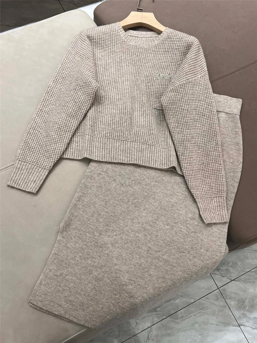 BC New Women Pure Cashmere Sequined Sweater + High Waist Elastic Force Skirt Knitted Set of clothes