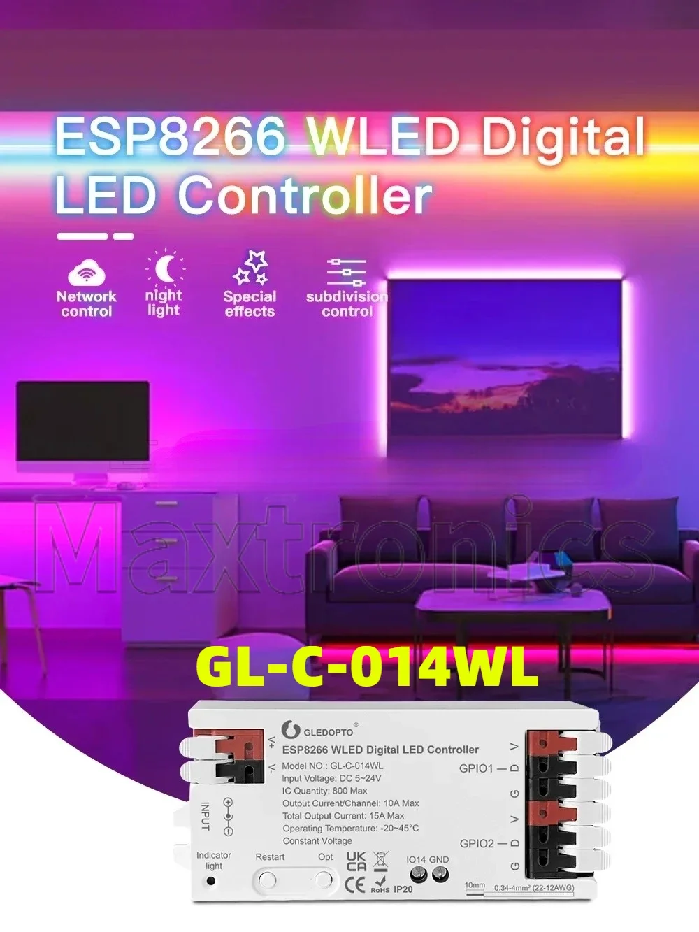 GL-C-015WL/ GL-C-015WL-M ESP32/8266 WLED LED Controller GL-RC-001/GL-C-014WL WiFi WS2811/2812 SK6812 TM1814 WS2813/2815 LEDStrip