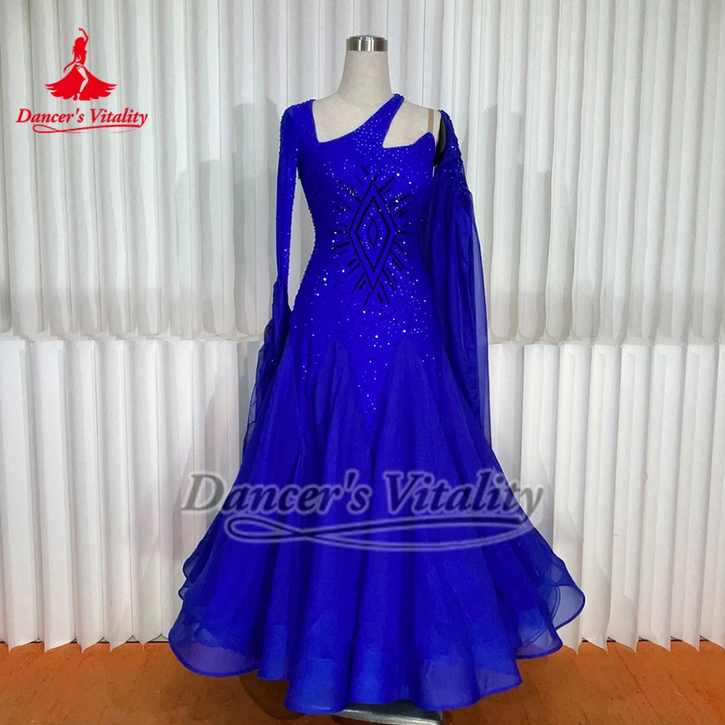고급스러운 우아함 블루 소셜 댄스 롱 슬리브 드레스 맞춤 성인 왈츠 탱고 대회 및 공연 AB 스톤 의류