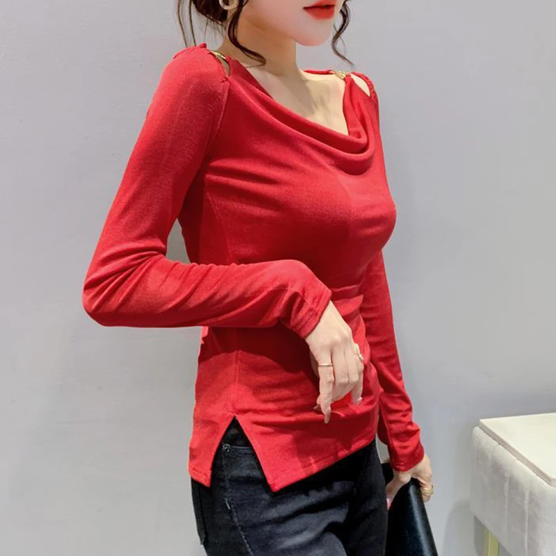 Autumn Winter Sexy Fashion Chain Bottomed T-shirt Ladies Long Sleeve Slim Casual Pullover Tops Women Solid Color All-match Tees