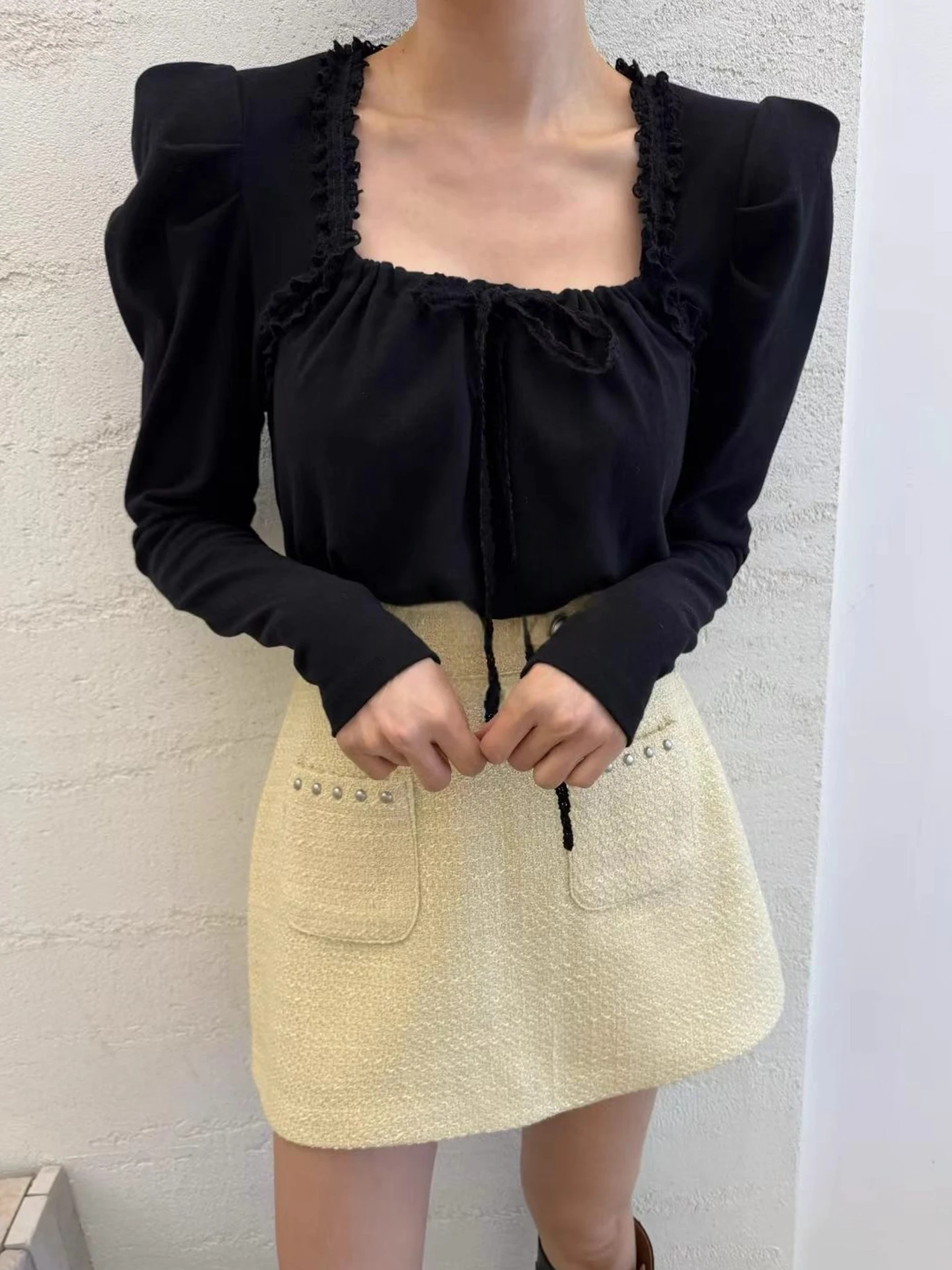 ريترو شيك المرأة irt مع ربطة القوس فيونكة فقاعة Sve ساحة طوق الربط الدانتيل تنوعا لخريف جديد وصول #3