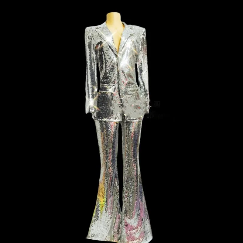 Stylish Design Women Solid Casual Suit Singer Host Tour Concert Set Banquet Silver Shiny Sequins Blazers Pants 2 Pieces Outfit