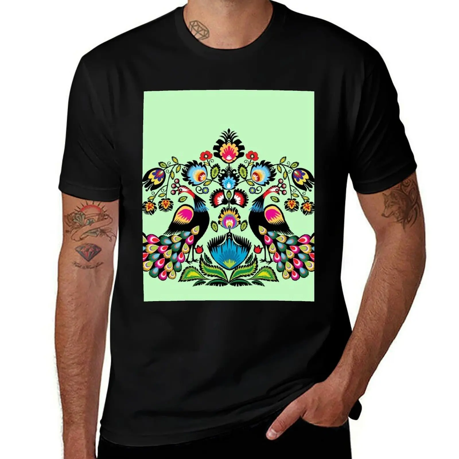 

Folklore peacocks on minty green T-Shirt cotton t shirts high quality T-Shirt