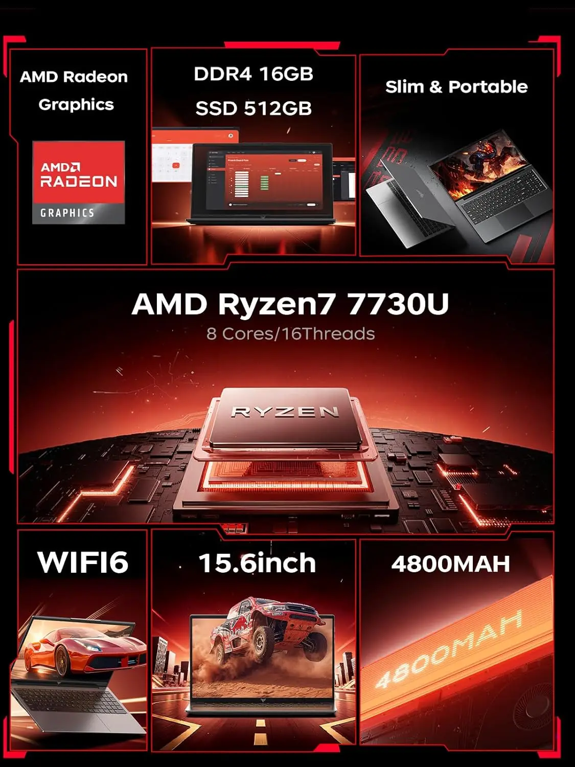 KAMRUI LX15PRO AMD Ryzen7 7730U 15,6 Zoll Gaming-Laptop 16GB DDR4 RAM 512GB SSD WiFi 6 Windows 11 Laptops Computer für Videobearbeitung
