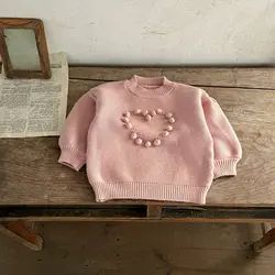 Infant Baby Girl Autumn Sweater Cotton Love Hair Ball Loose Toddler Girl Pullover Soft Solid Lantern Sleeve Little Girl Knitwear