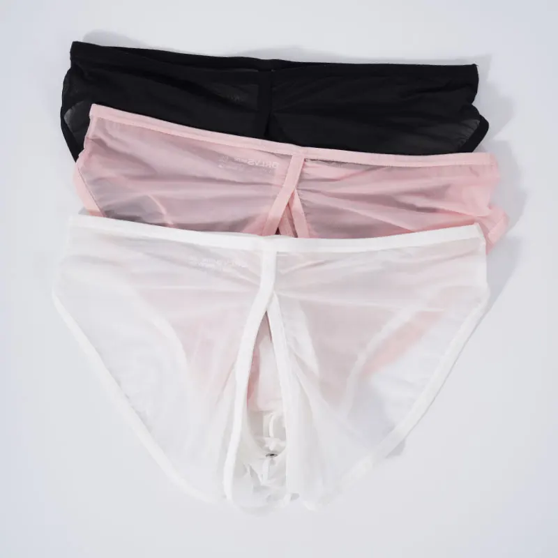 3pcs Men Sexy Ultra-Thin Brief Open-Front Pouch Lace-Up Underwear Breathable Athletic Wear Trendy See-Through Underwear for Men
