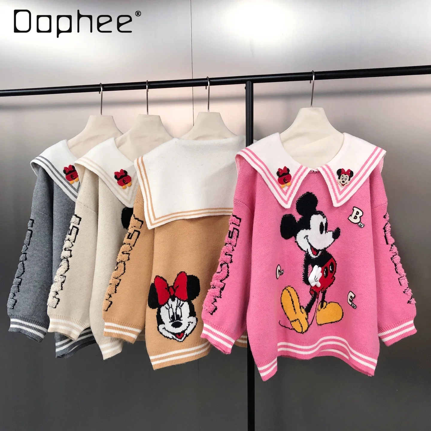 2025 Korean Version Age-Reducing Fashion Navy Collar Embroidered Cartoon Jacquard Loose College Style Pullover Sweater Women