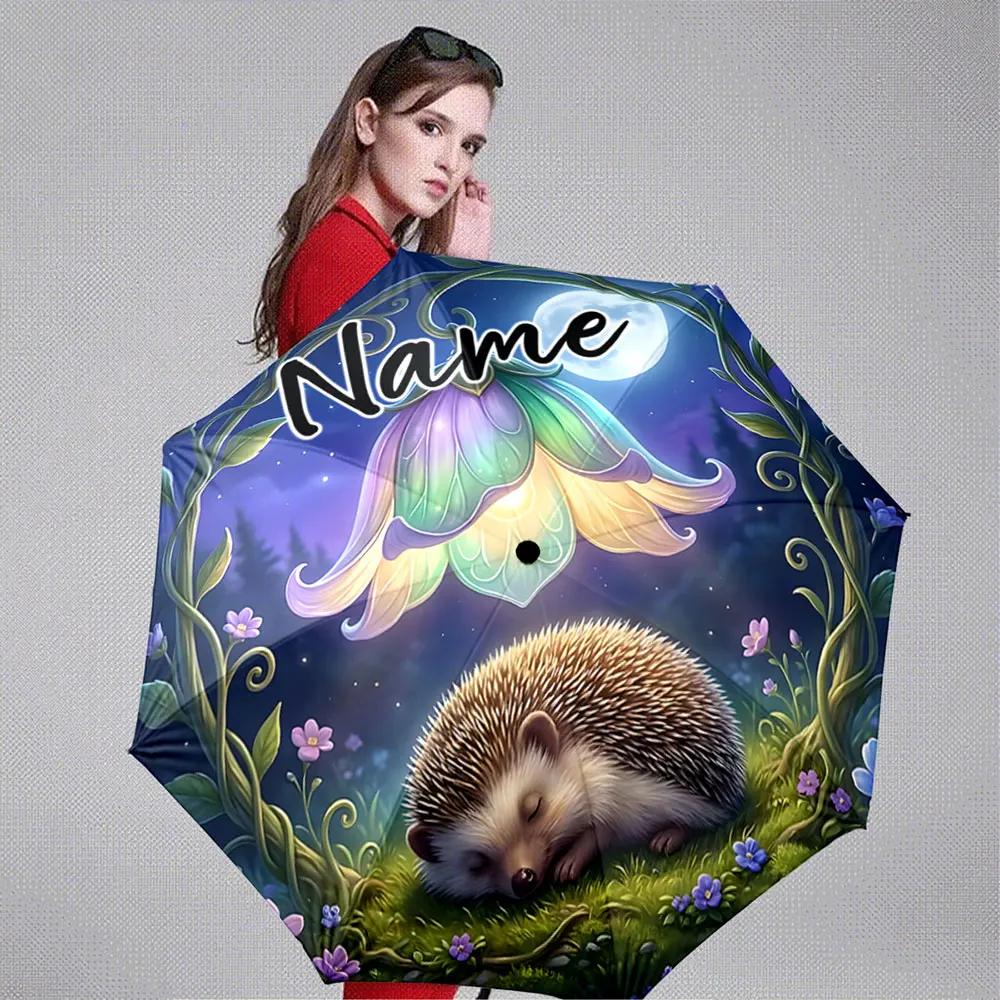 Custom Name Umbrella Curled Hedgehog Moonlit Night Wildflowers 8 Iron Ribs Folding Umbrella Auto-Open Fashion Sunshade