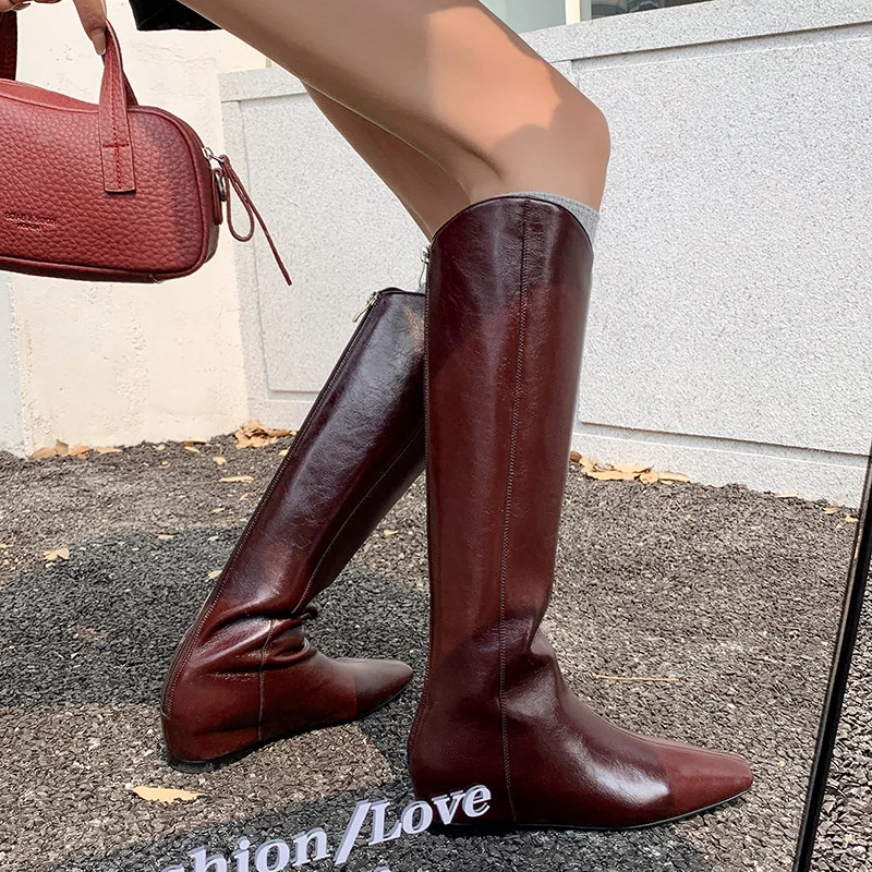 Burgundy Wedges Boots Square Toe Highten Sewing Design Knee Botas Solid Brown Black Women Shoes Genuine Leather Luxury Versatile