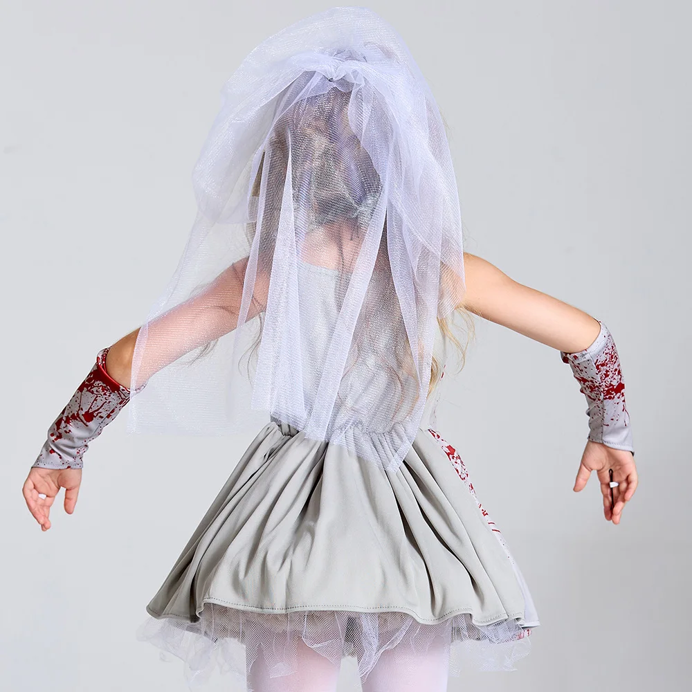 Ay – Costume de mariée fantôme taché de sang, tenue d'halloween pour enfants avec bretelles, robe de Cosplay pour fêtes à thème et bals