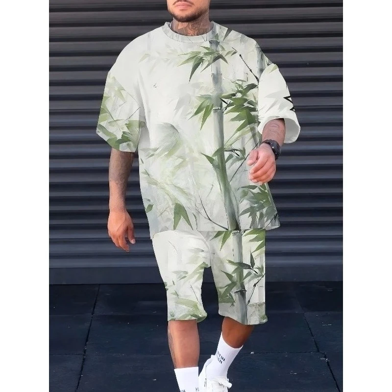 2025 Summer New Men's Sportswear 3D Printed Casual Daily Sports Round Neck Polyester Fiber Short Sleeve Shorts Two Piece Set