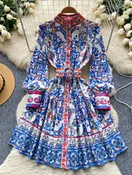 Summer Autumn Long Sleeve Floral Print Short Dress Shirt Women Single Breasted Belt Mini Party Vestidos Office Lady