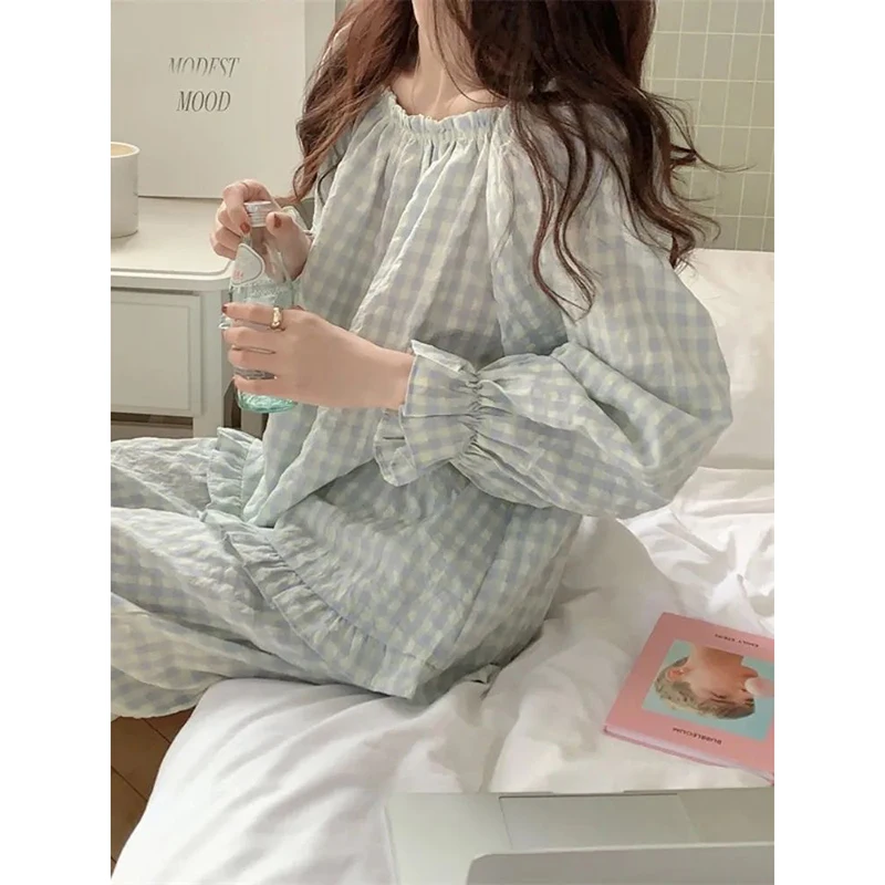 Plaid Sleepwear Women Pajama Sets Ruffles Piiama Long Sleeve Pants Sets 2 Pieces O-neck Night Wears Korean Autumn Home Suit New