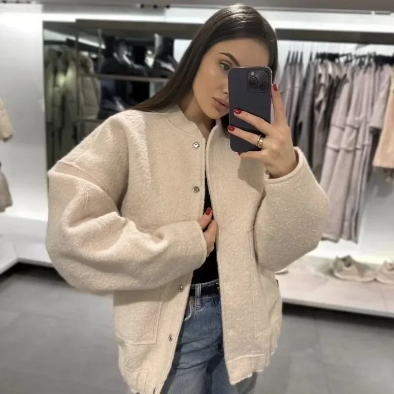 

Woman Oversized Bomber Jacket Autumn New Polychrome Y2K Stand Collar Hidden Button Long Sleeve Pocket Loose Casual Jackets Coat