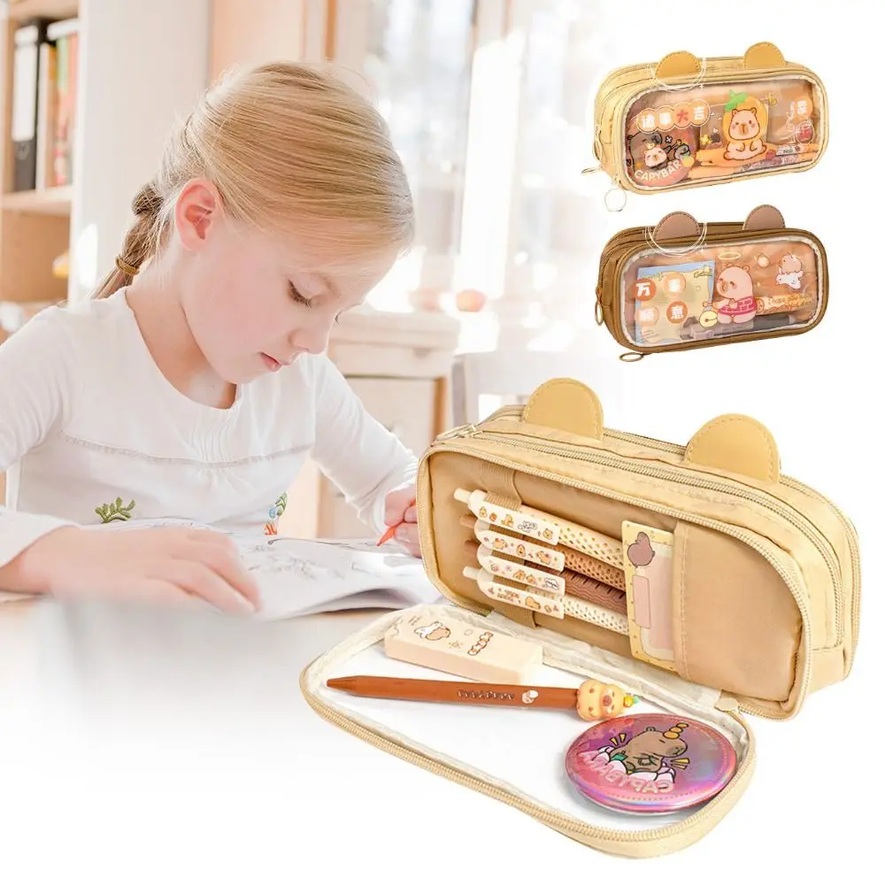 Cute Canvas Capybara Pen Bag Large Capacity Student Stationery Stationery Box Pen Box Pencil Bag