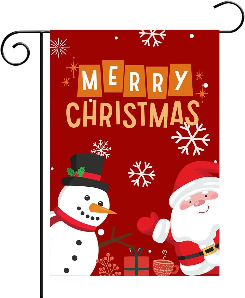 Merry Christmas Garden Flag 12x18 Inch Double Sided - Premium Xmas Yard Flag for Outside - Santa Claus Snowman Red Winter Holida