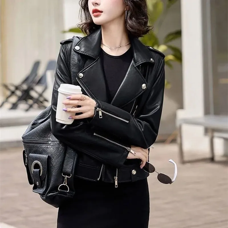 2025 New Womens Faux PU Leather Jacket Casual Lady Lapel Zipper Jacket Female Motorcycle Leather Coats