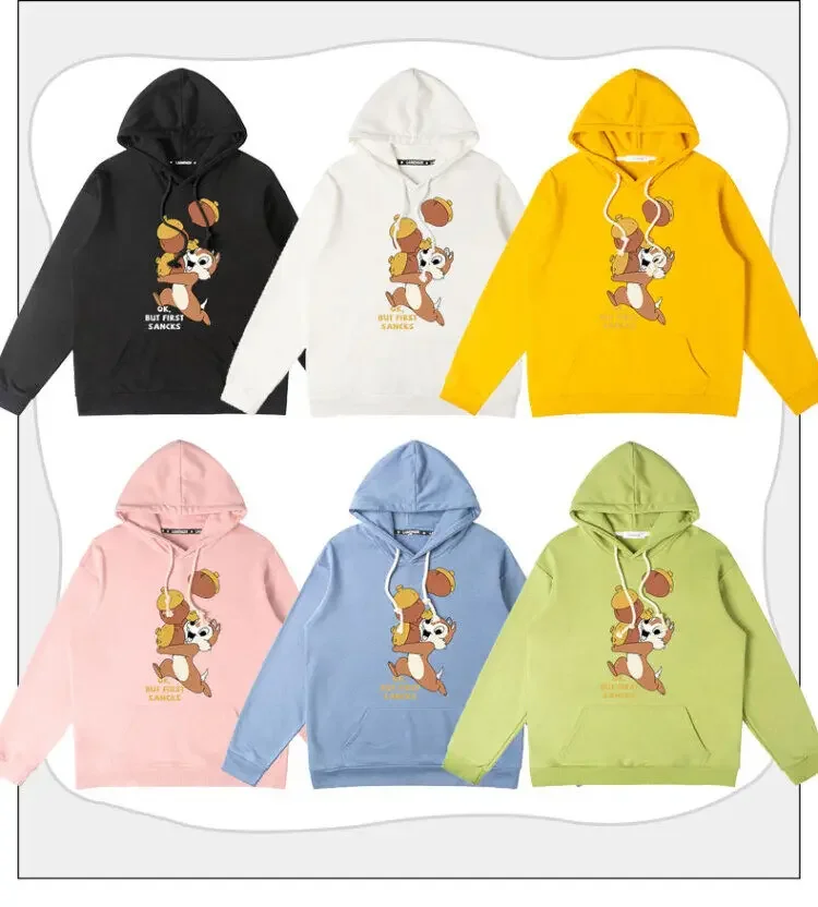 Squirrel Disney Cartoon Chip and Dale Hooded Jacket Clothes Pullover Sweater Simple Pattern Cute Daily Couple  Long Sleeve 2024