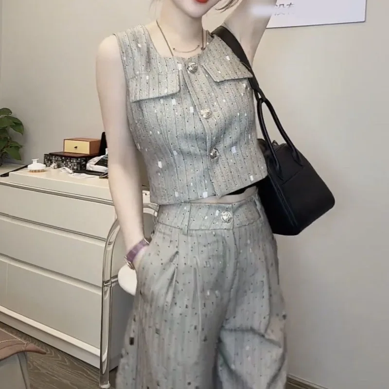 

New Elegant Striped Two Piece Set Women Fashion Sleeveless Slim Vest Top + Wide Leg Pants Summer Office Lady Fashion Suit