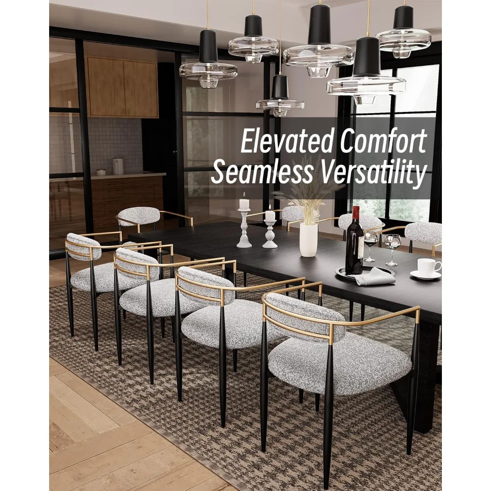 Modern Boucle Dining Chairs with Upholstered Backrest | Grey Arm Chairs Set of 2 for Kitchen, Reception, Living Room Use