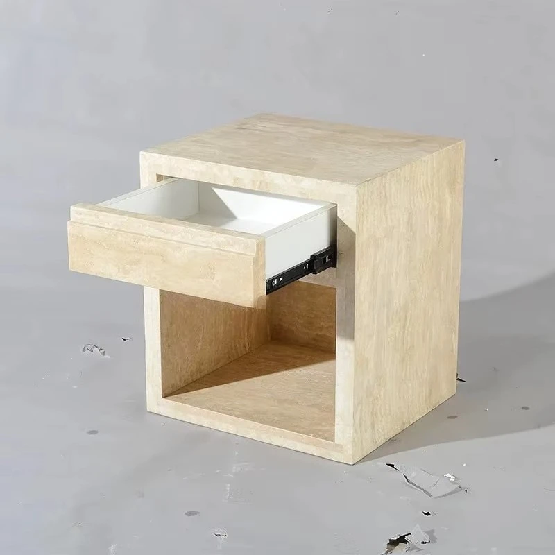 

Modern Beige Travertine Bedside Table Square Nightstand Luxury Nordic Bedroom Furniture