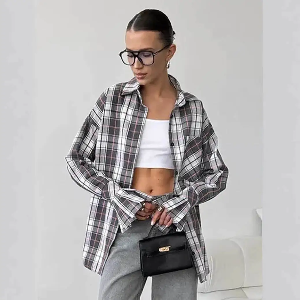 Cross border design style plaid shirt for women in autumn 2025 New oversized casual cotton shirt loose top for women's clothing