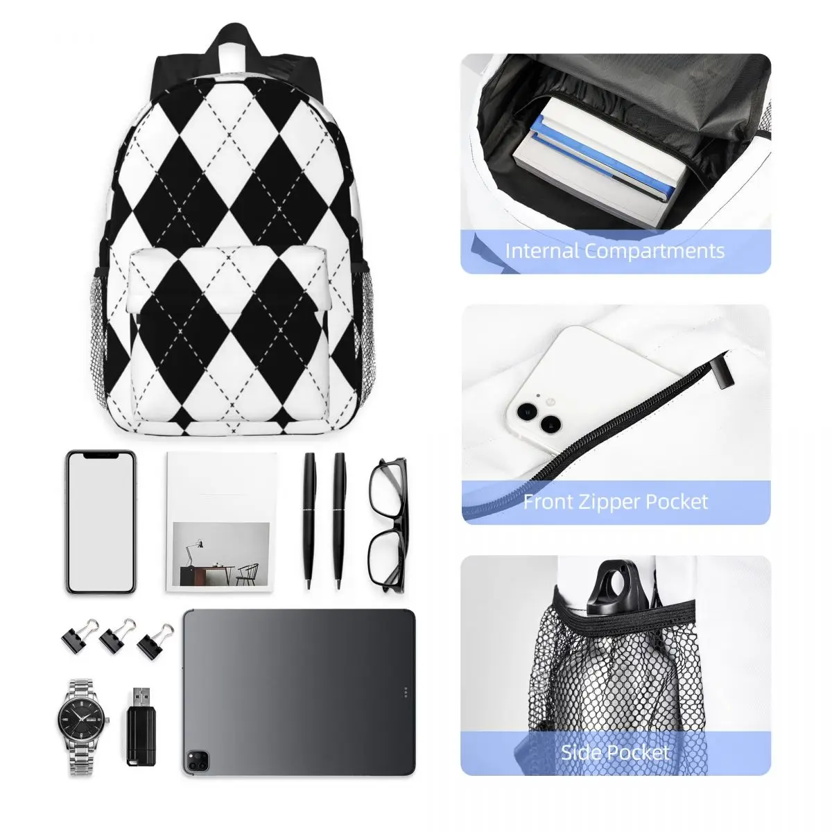 Diamond Shaped Geometric Pattern Backpack Hot Sale Daypack Large Capacity Boys Girls BookBag Shoulder Bags School Bag