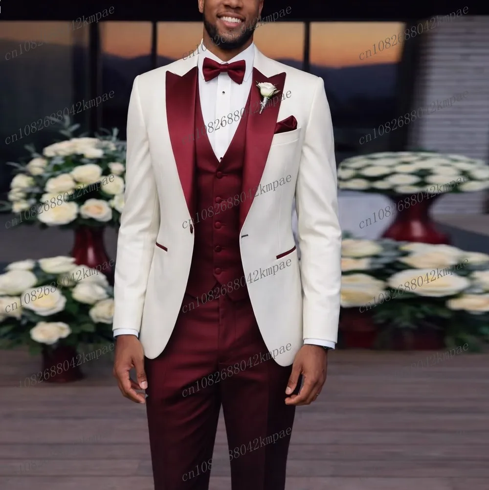 

White And Burgundy Men Suit Formal Groom Groomsman Wedding Party Prom Business Male Tuxedos 3 Piece Set Blazer Vest Pants