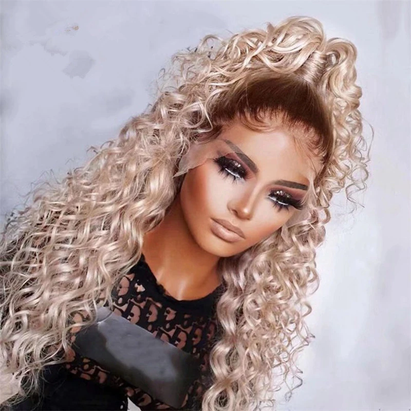 Cosplay Blonde Wigs Loose Curly Lace Front Wig for Girl Lady Honey Blond Ombre Lace wig 13x4 Glueless Synthetic Futura Soft Wig