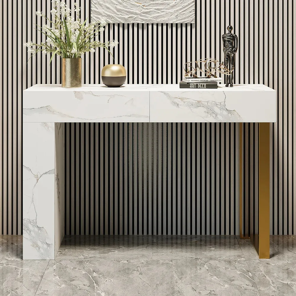 

Customized Nordic style living room furniture 47.2 inches white marble steel and wood structure entrance table with 2 draws
