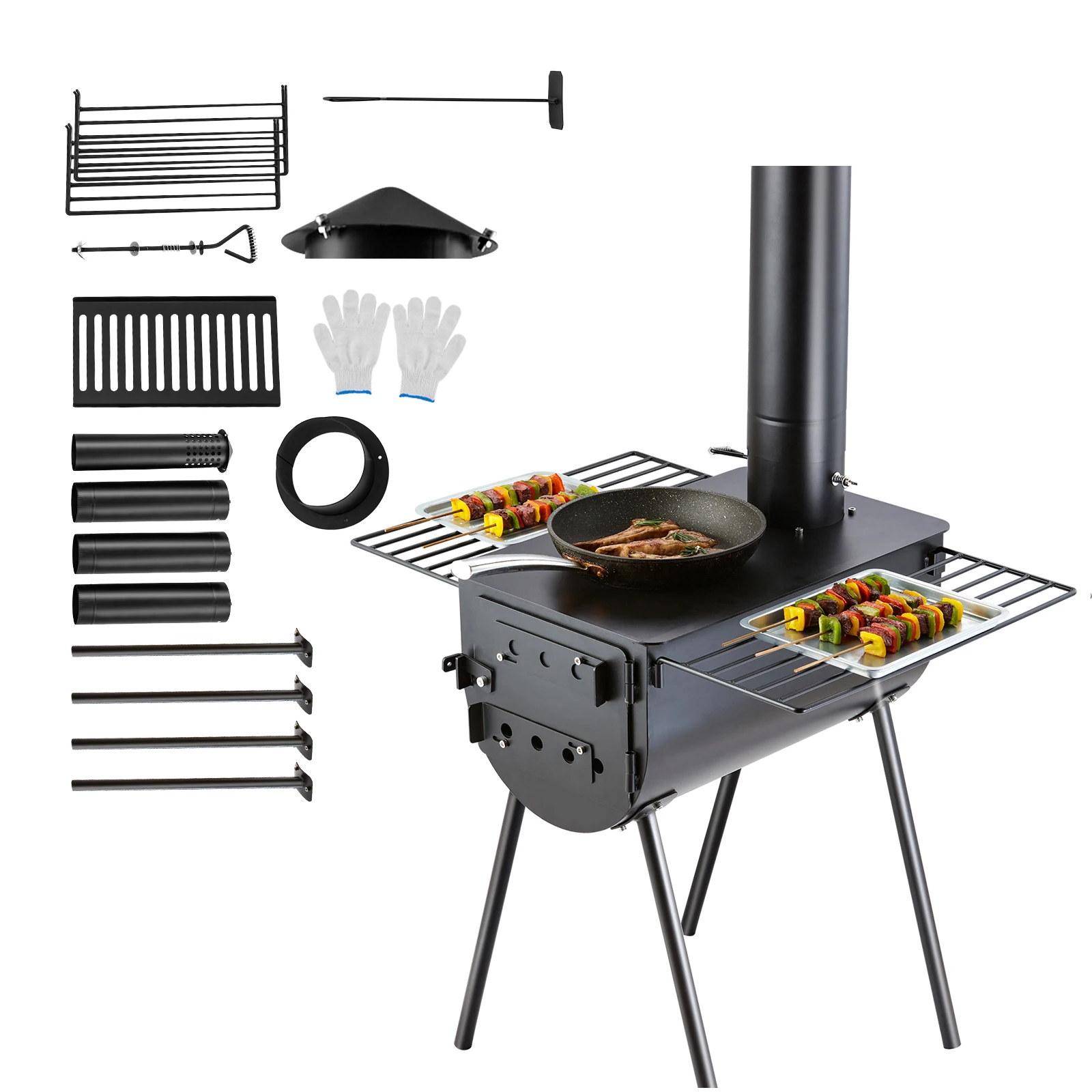 Wood Stove, 118 inch, 3000in³Firebox Hot Tent Stove for Outdoor Cooking and Heating with 8 Pipes, Alloy Steel Camping Tent Stove, Portable Wood Burning Stove with Chimney Pipes & Gloves