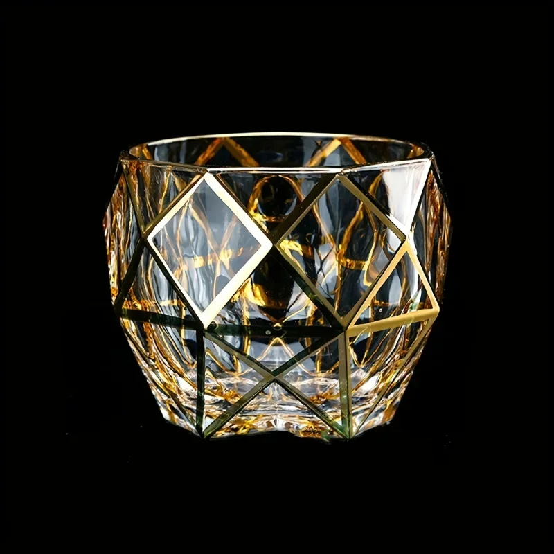 1 Pcs Elegant Crystal Whiskey Glass With Golden Grid Design Luxury Style Wineware Heavy Wineglass XO Whiskey Tumbler Decanter