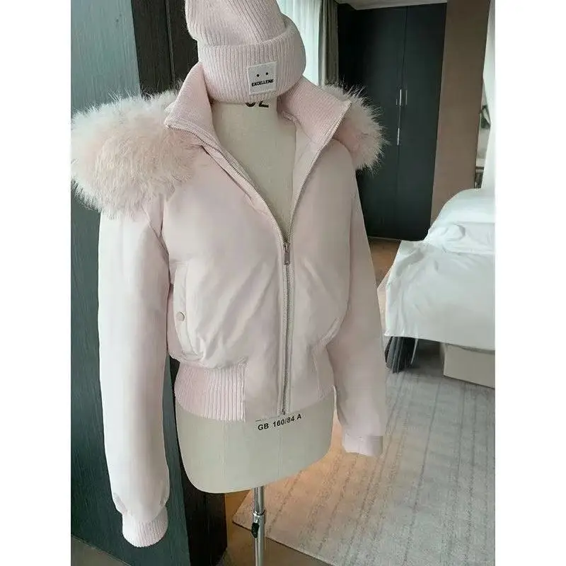 

Pink sweet fur collar hooded down jacket for women in winter new high-end waist slimming thickened warm cotton jacket