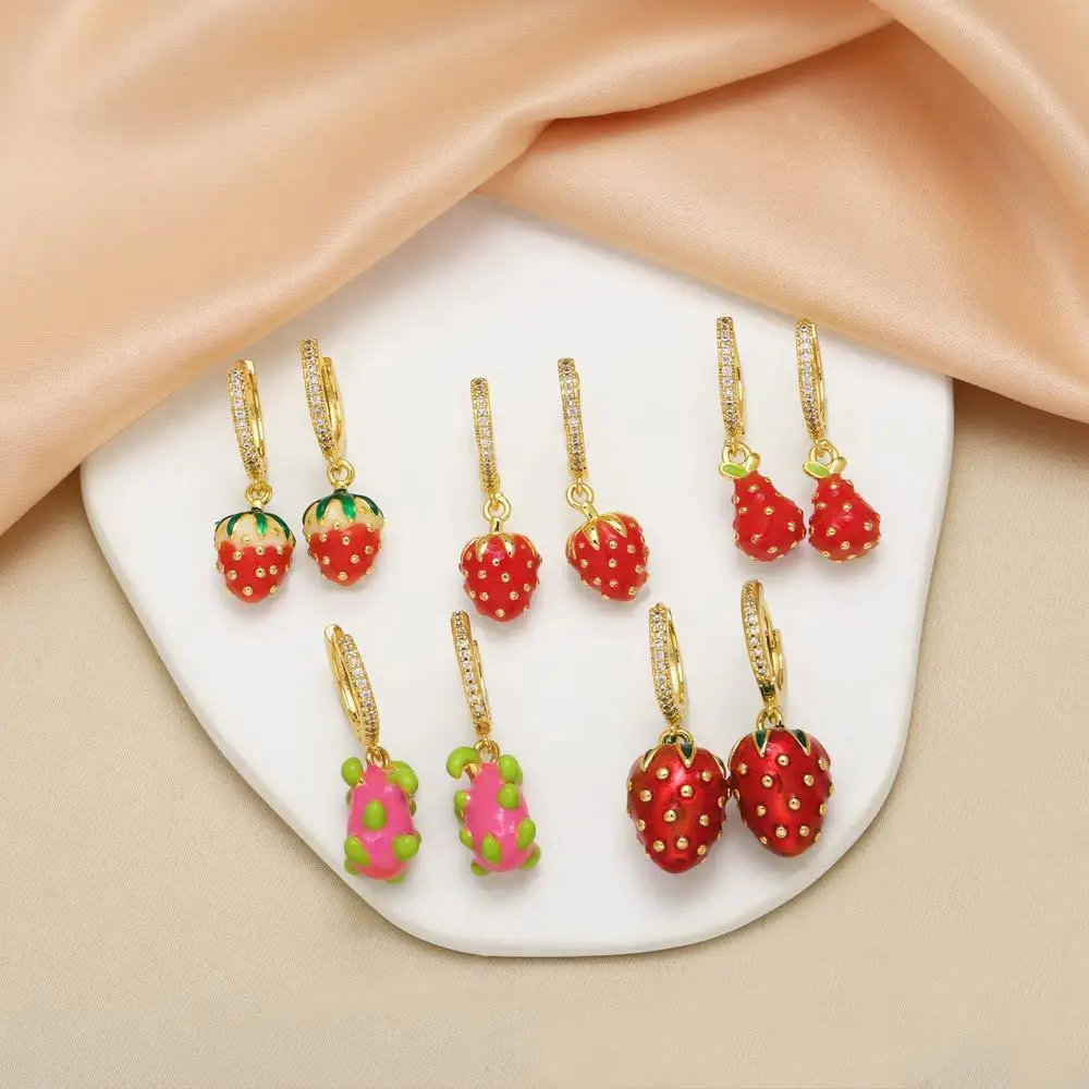 Fruit Strawberry Pitaya Drop Oil Gold-plated Pendant Earrings