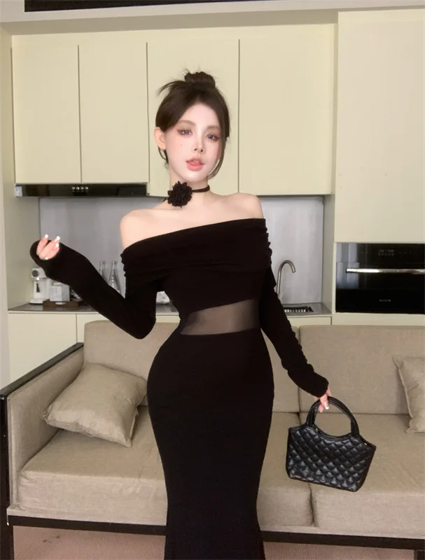 French Fashion Sexy Off Shoulder Black Long Dress Long Sleeve Sexy Slash Neck Pencil Dress Sheer Mesh Patchwork Bodycon Dress