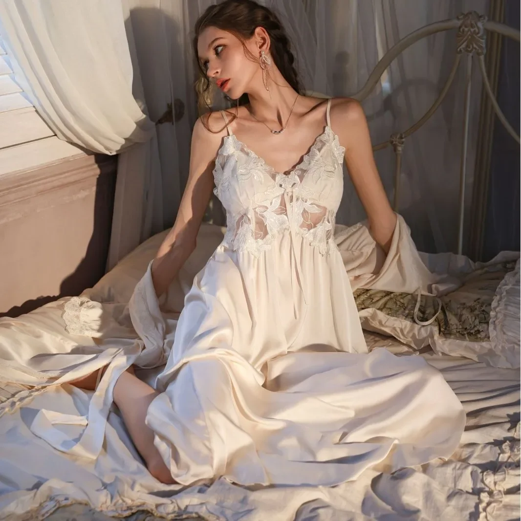 

Loose Lingerie Home Dressing Gown Rayon Vestidos De Novia Lady Sexy Flower Spaghetti Strap Fairy Style Robe Set Long Kimono Gown