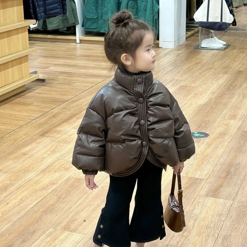 

Bread Jacket, Girls' Thick Leather Cotton Coat, Western-style Korean Version, Princess PU Leather Coat for Winter Wear