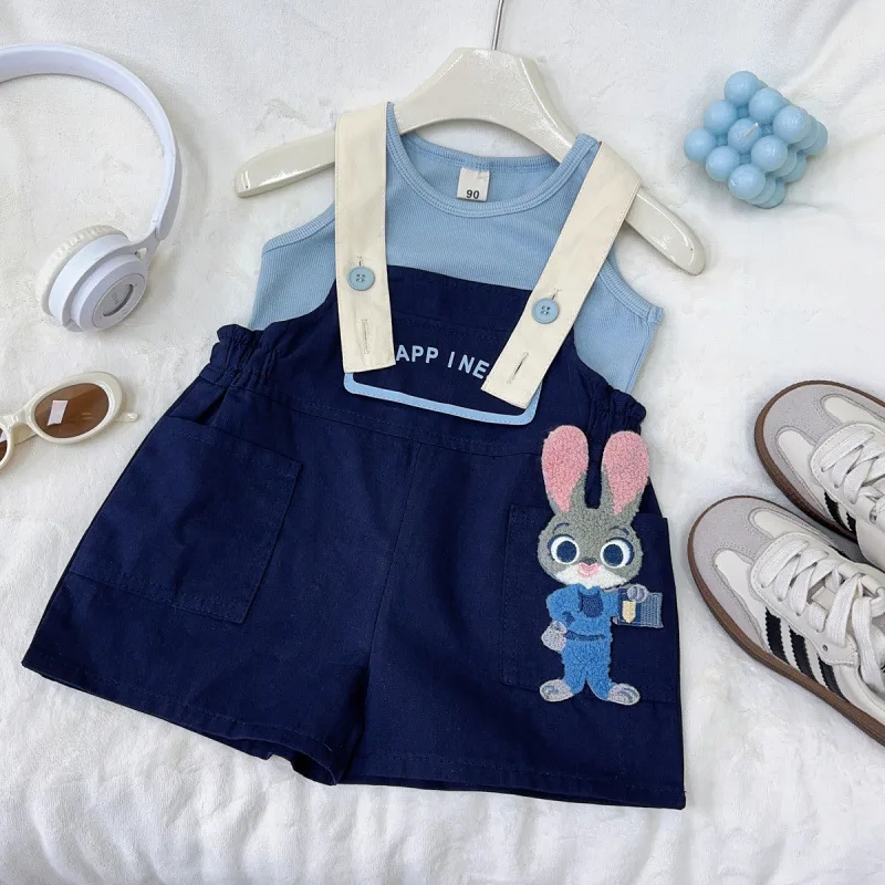 

Children's Outfit New Summer Girls' Fashion Cartoon Casual Cargo Pants Overalls Vest Top Two-Piece Set