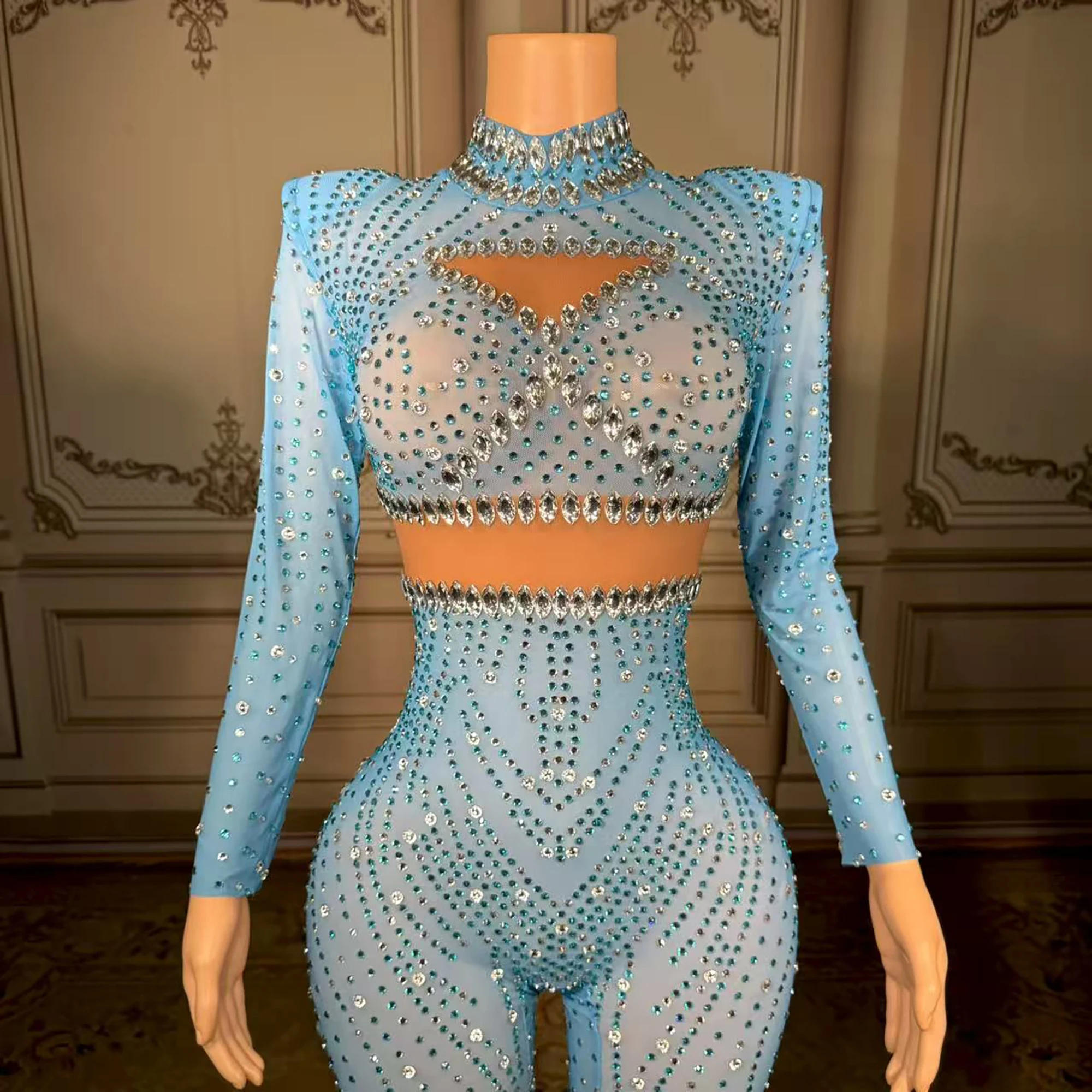 Romper seksi lengan panjang transparan berpayet kristal, bodysuit one piece, leotard penari eksotis wanita pesta, jumpsuit berhiaskan rhinestones.