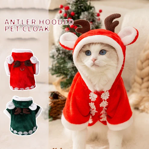 TTT Hot Sale Series Deer Horn Hooded Cloak Warm Pet Clothes Costume for Christmas Dogs Cats Human cremation urn Urn Pet urn