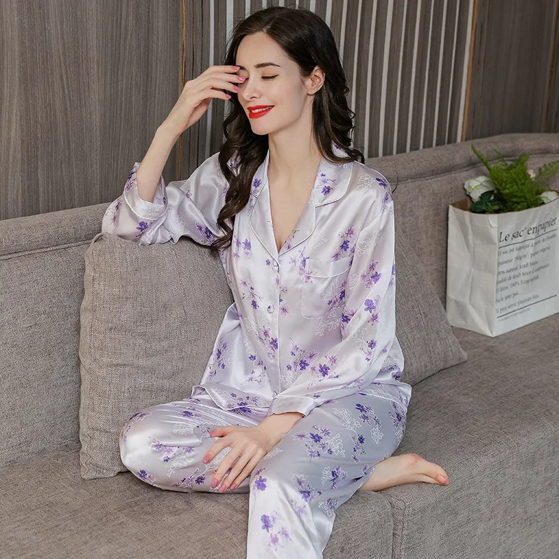 Silk Women\'s Pajamas Sets 100% Mulberry Silk Spring and Autumn Long-sleeved Silk Women\'s Home Clothes Sleepwear pijama feminino