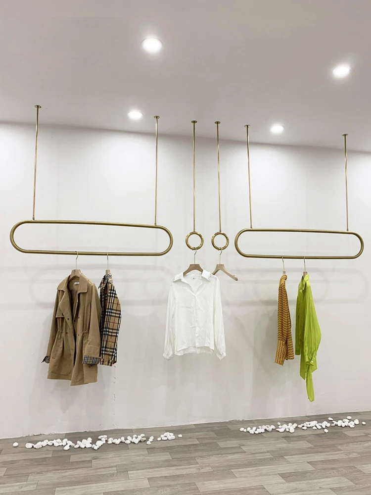 2024 Singapore Luxury Annular Clothing Store Display Rack Hanger Gold Ceiling Window Hanger Display Rings Stainless Steel Shelf