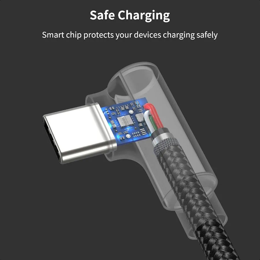 كابل USB C بزاوية 6.6 قدم شحن سريع 3 عبوات 90 درجة USB A إلى USB نوع C سلك طويل 3A متوافق مع Samsung Galaxy No