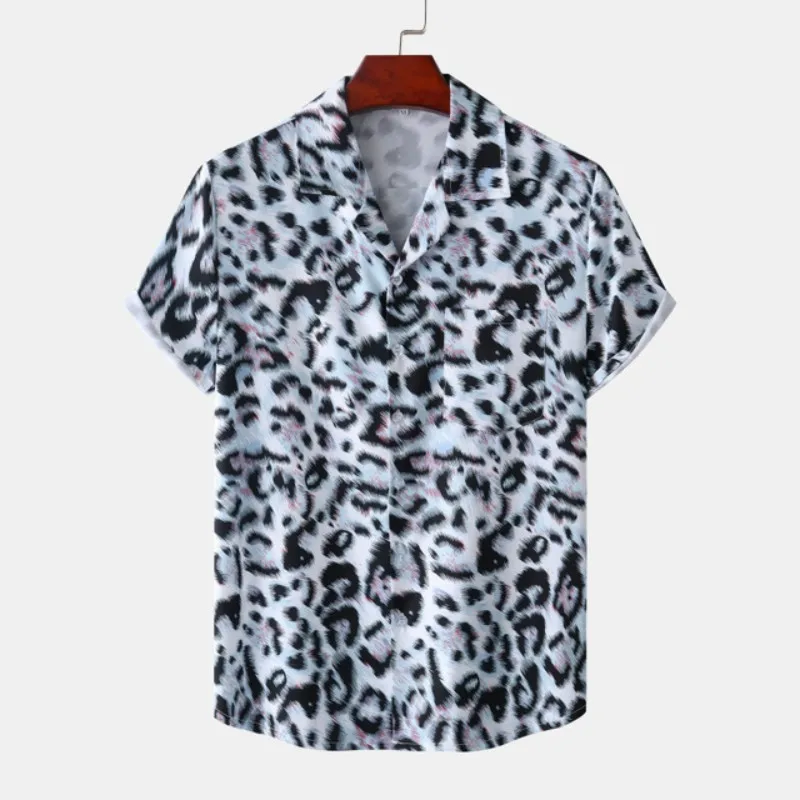 Fashion Leopard Print Summer Men\'s Shirts Casual Oversized Short Sleeve Fashion Single-Breasted Blouses Trend Tops Men Clothing