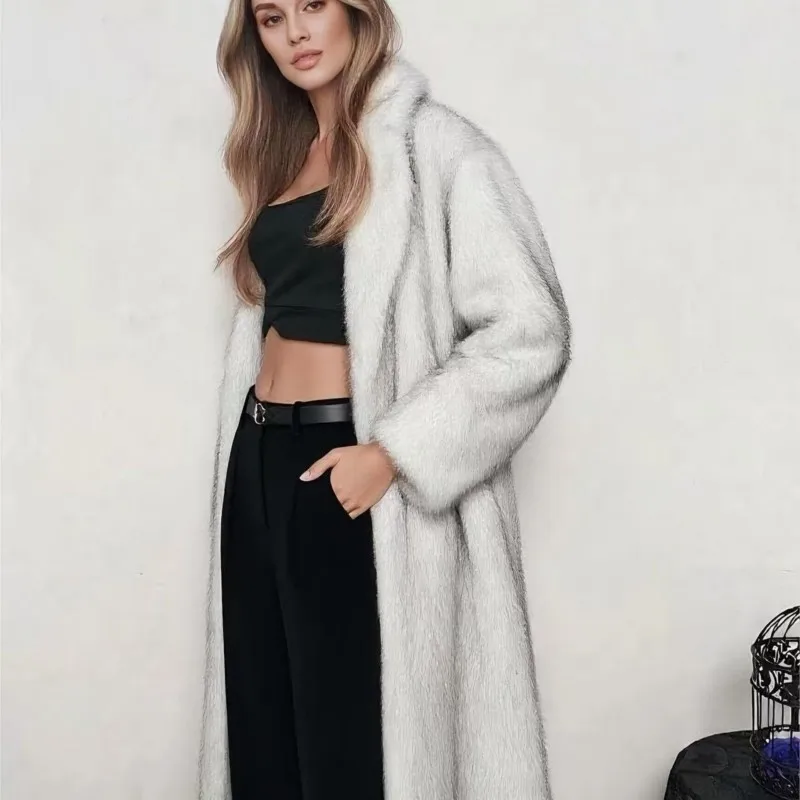 2025 New Faux Fur Long Length Coat with Shawl Collar Imitation Fox Fur Style Long and Warm Outerwear shawl collar Thick Jackets